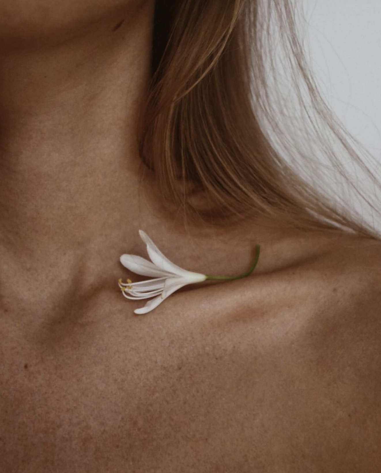Närbild på en axel och nyckelben med en vit blomma vilande mot huden